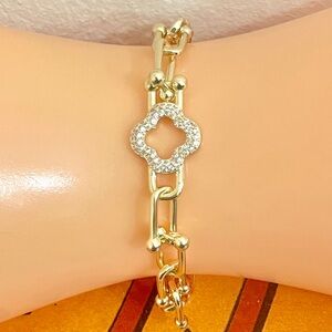 Gold Over Rhodium Plated Designer Link Hardware Bracelet Pave CZ Clover Halo New
